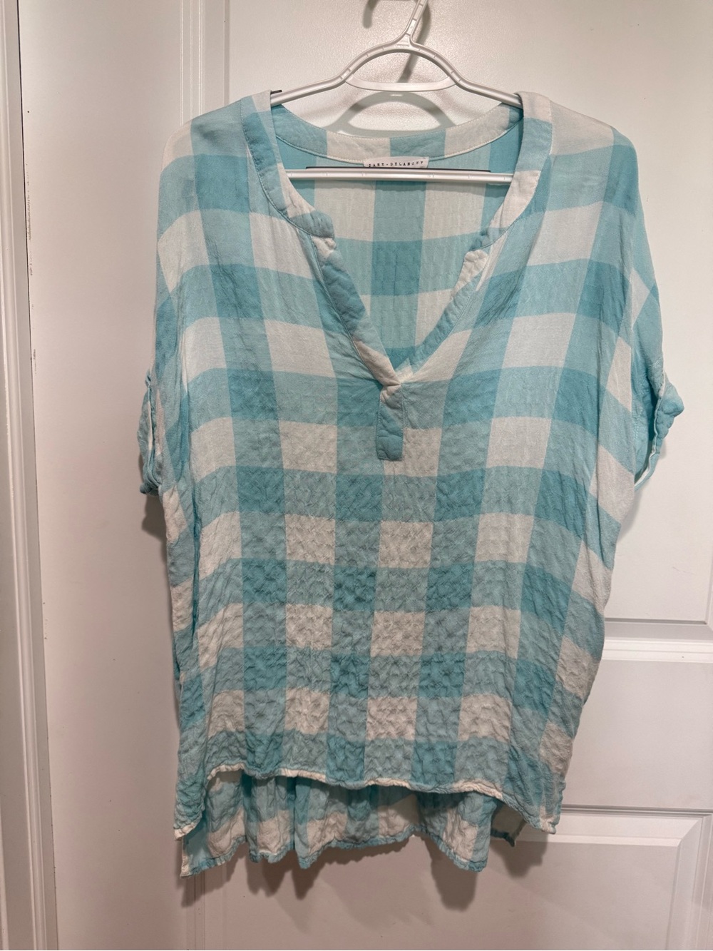 Jane and Delancey Aqua & White Gingham Split-Neck Tunic